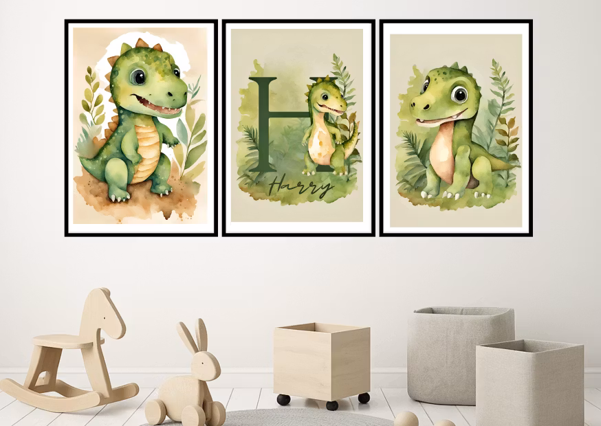 Personliga dinosaurieaffischer för barn – 3-pack väggkonst i pastell för barnrum
