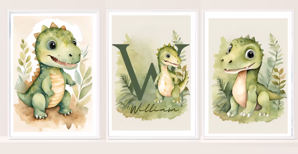 Personliga dinosaurieaffischer för barn – 3-pack väggkonst i pastell för barnrum