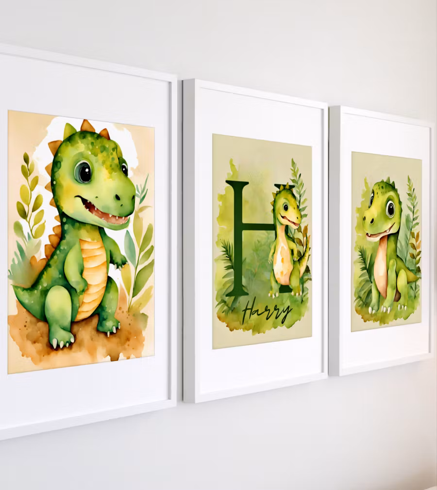Personliga dinosaurieaffischer för barn – 3-pack väggkonst i pastell för barnrum