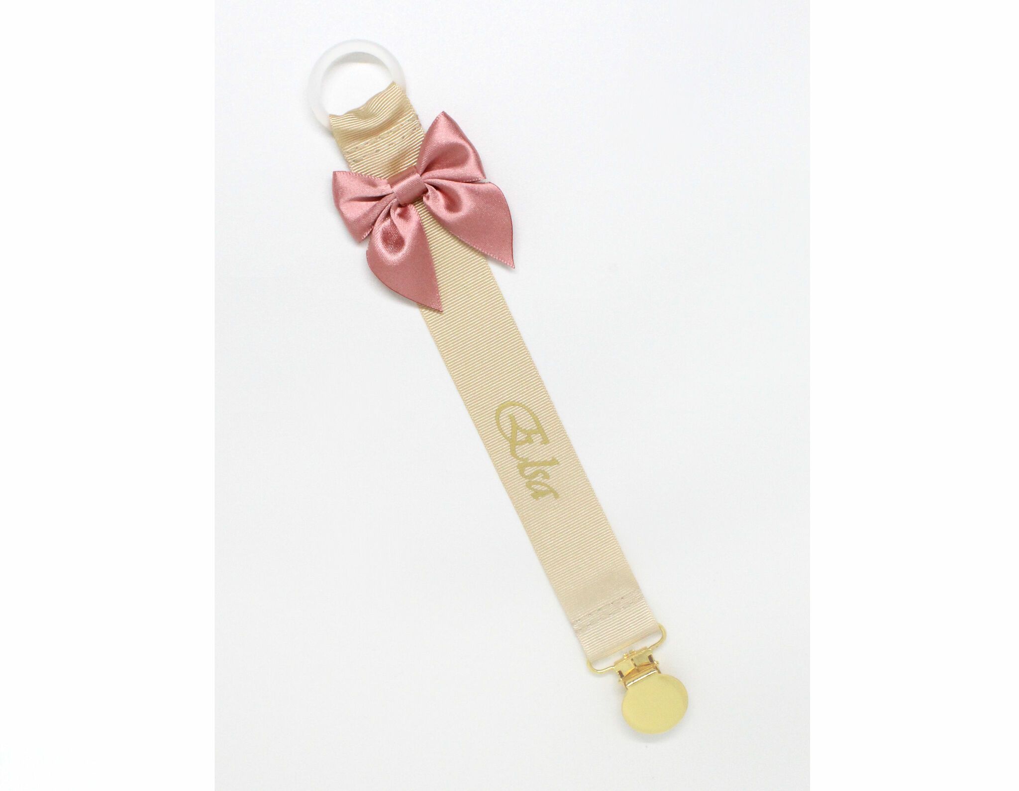 Beige napphållare med gammelrosa rosett - guld