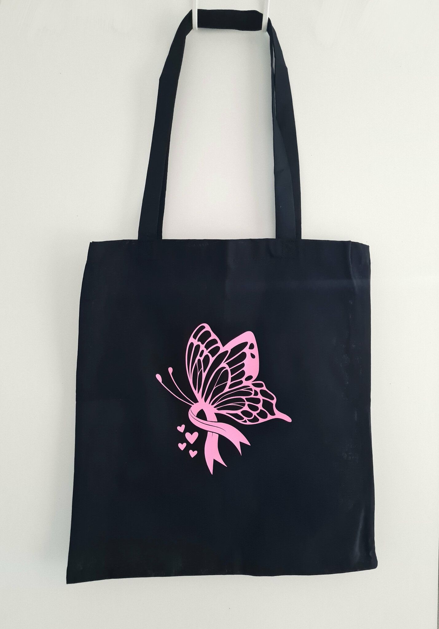 Tygkasse "Fjäril med rosa band" svart