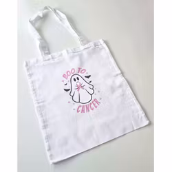 Tygkasse "BOO TO CANCER" med rosa bandet - vit