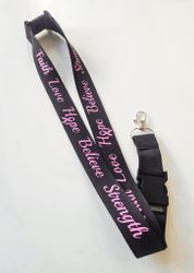 Nyckelband "Faith Love Hope Believe Strength" rosa bandet - svart