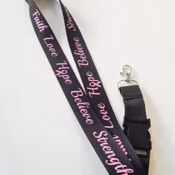 Nyckelband "Faith Love Hope Believe Strength" rosa bandet - svart