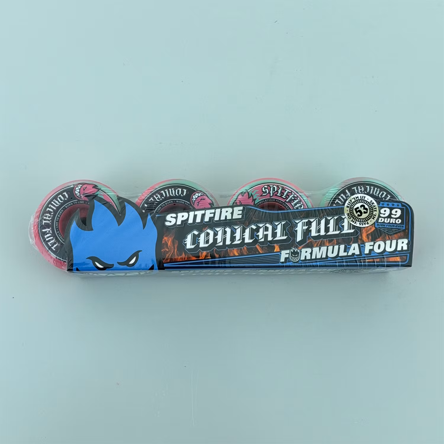 Spitfire Wheels Formula Four Conical Full Teal Pink Swirl Skateboard Wheels 99a 53mm packaging – Nordic Skateboard Supply