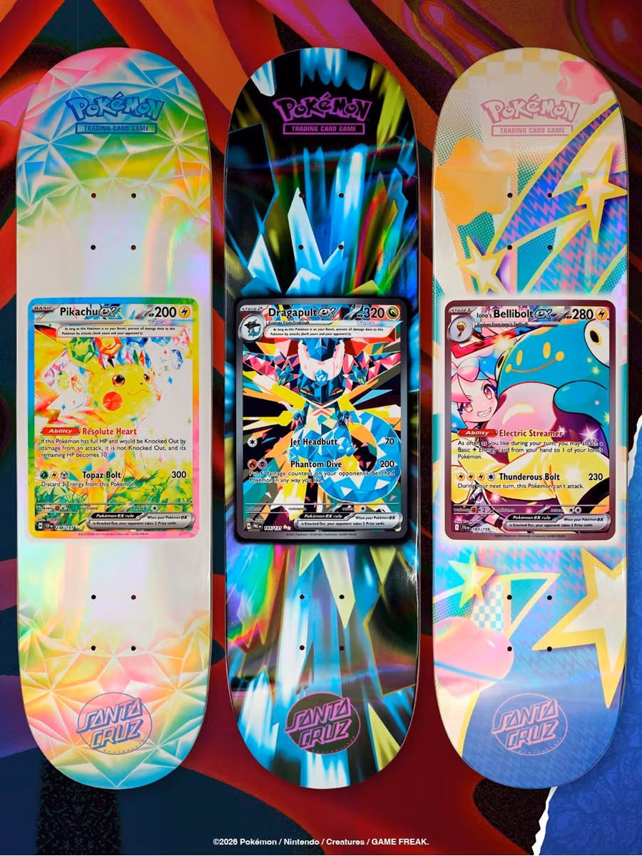 Santa Cruz Pokémon TCG Skateboard Deck Pikachu EX Dragapult EX Bellibolt EX – 2026 Mystery Blind Bag Mega - Nordic Skateboard Supply