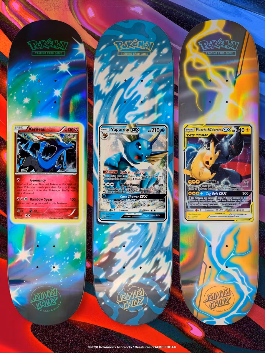 Santa Cruz Pokémon TCG Skateboard Deck – 2026 Mystery Blind Bag Xerneas Vaporeon GX Pikachu Zekrom GX- Nordic Skateboard Supply
