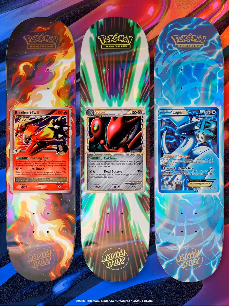 Santa Cruz Pokémon TCG Skateboard Deck – 2026 Mystery Blind Bag Blaziken FB Scizor Lugia EX- Nordic Skateboard Supply