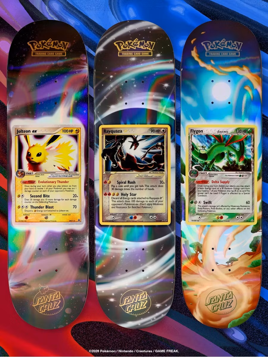 Santa Cruz Pokémon TCG Skateboard Deck – 2026 Mystery Blind Bag Jolteon EX Rayquaza Flygon - Nordic Skateboard Supply