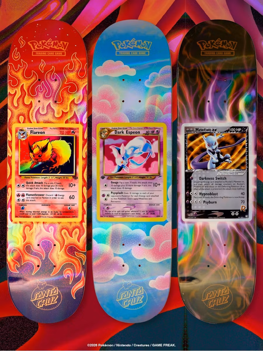 Santa Cruz Pokémon TCG Skateboard Deck – 2026 Mystery Blind Bag Flareon Dark Espeon Mewtwo EX- Nordic Skateboard Supply