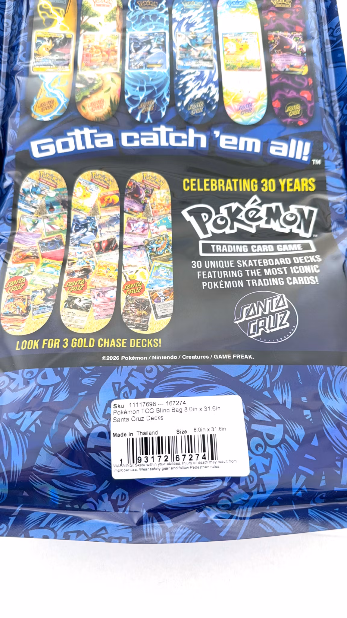 Santa Cruz Pokémon TCG Skateboard Deck – 2026 Mystery Blind Bag packaging close up - Nordic Skateboard Supply