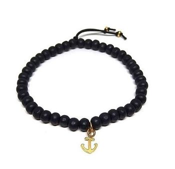 Svart trä armband med ankare herr