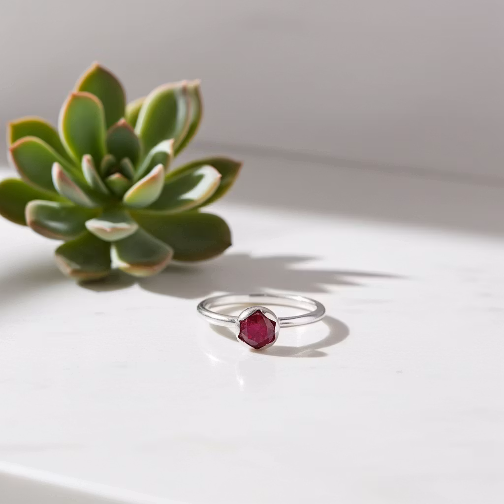 Ring med röd rund rubin sten äkta silver - C.M.H Design Jewellery
