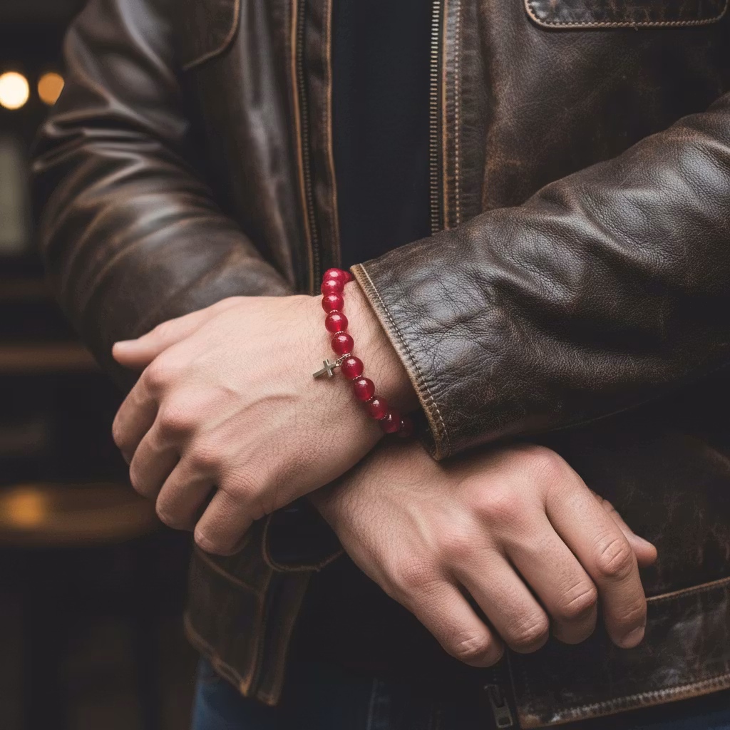 Rock Rött Rött Jade armband med kors berlock herr - C.M.H Design Jewellery