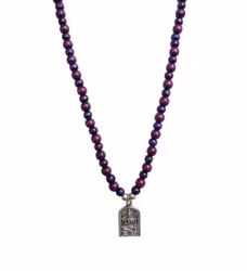 Långt lila trähalsband med hänge