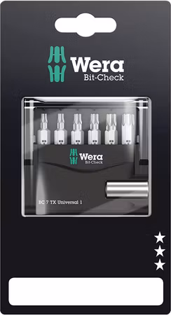 WERA Bit-Check 7 TX Universal 1 SB Bits for TORX screws + Bitholder 893/4/1 K 1 x 1/4"x50;867/1 TORX