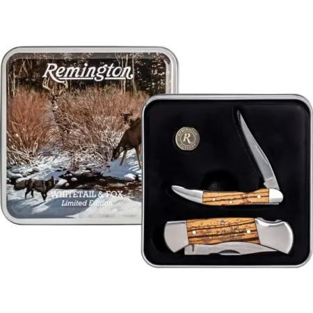 Remington fällknivar 2-pack 7,5 cm – ädelträ & lockback i plåtask