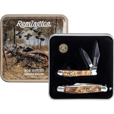 Remington fällknivar 2-pack R15715 – 7,5 cm, ädelträ & lockback i plåtask