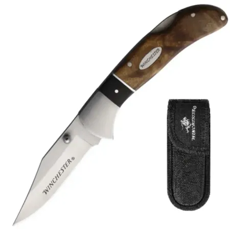 Winchester Burl Wood fällkniv 8 cm – lockback, rostfritt stål & rotträhandtag
