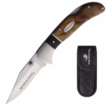 Winchester fällkniv 8 cm – burl wood & lockback, med nylonslida