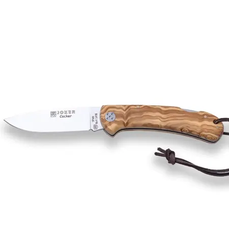 Joker Cocker jaktfällkniv 9 cm med läderslida – drop point i rostfritt MOVA-stål