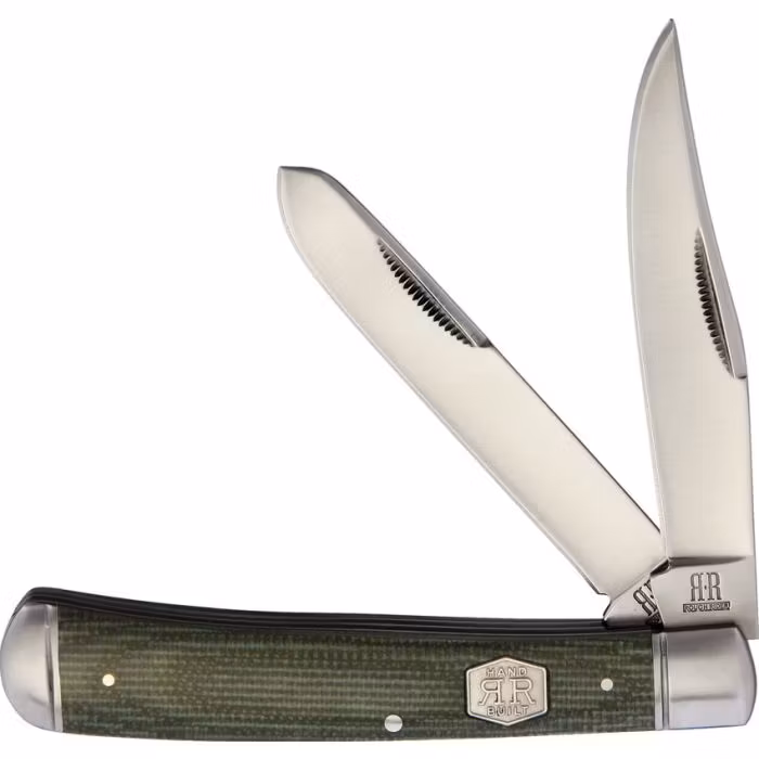 Fickkniv med dubbla vassa knivblad och micarta handtag.