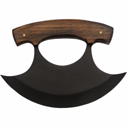 Svart Ulu skinner kniv med rött handtag av ädelträ.
