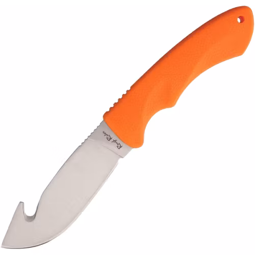 Billig jaktkniv med Orange handtag och ergonomiskt grepp.