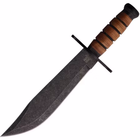 Svart Bowiekniv med brunt läder handtag.