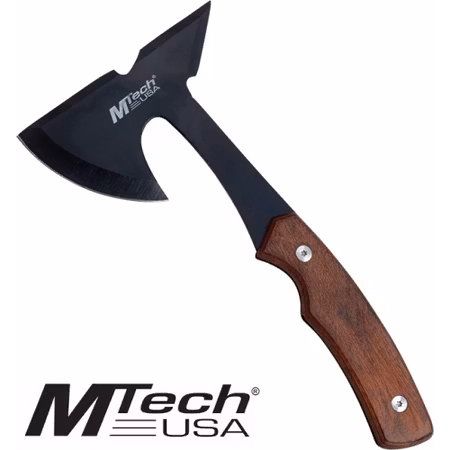 Köp en Liten Tomahawk yxa i svart med rött handtag av ädelträ.