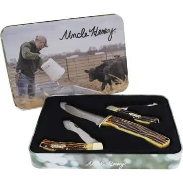 Schrade Uncle Henry knivset – jaktkniv 9 cm och två fällknivar i presentask