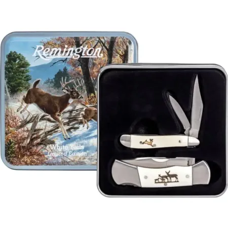 Remington fällknivar 2-pack R15693 – 7,5 cm, ben & trä i plåtask