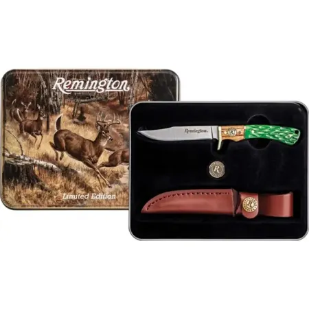 Remington jaktkniv R15717 8 cm – läderslida & plåtask med viltmotiv