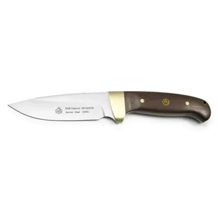 PUMA SGB Clearcut jaktkniv 10,8 cm – jacarandaträ, mässing, brun läderslida