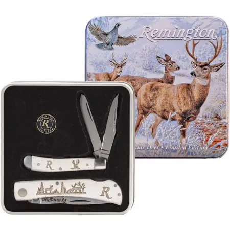 Remington fällknivar 2-pack R15685 – 7,5 cm, ben & trä i plåtask