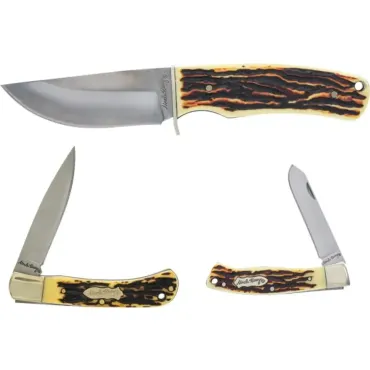 Schrade Uncle Henry knivset – jaktkniv 9 cm och två fällknivar i presentask