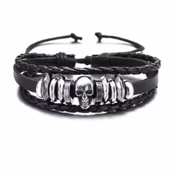 Svart läderarmband med dödskalle och justerbar dragsko