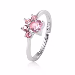 Silverfärgad ring med kattfot i rosa kristall