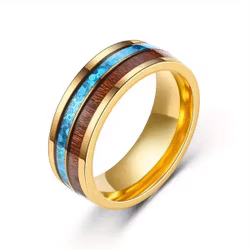 Rostfri herrring i guld med blått och träinlägg 8 mm