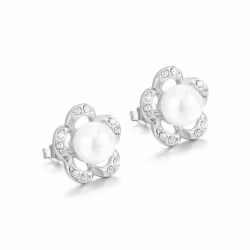 Örhängen med pärla och stenar i rostfritt stål – silver