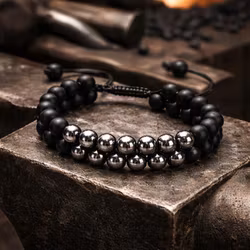 Svart pärlarmband herr med hematit och dragsko