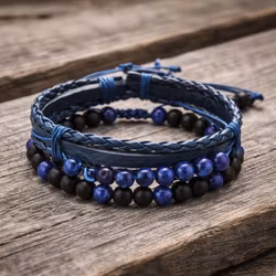 Herrarmband med blå stenar och PU-läder