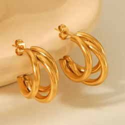 Guldiga creolörhängen med tre ringar i rostfritt stål