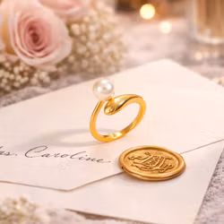 Ring dam pärla rostfritt stål guld justerbar