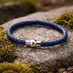 Armband herr blått läder flätat 6 mm