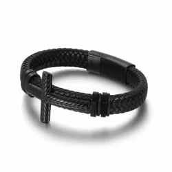 Armband herr kors svart läder 21,5 cm