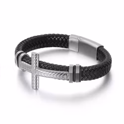 Armband herr kors silver läder 21,5 cm
