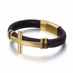 Armband herr kors guld läder 21,5 cm