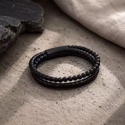 Herrarmband med svarta stenar och läderlook
