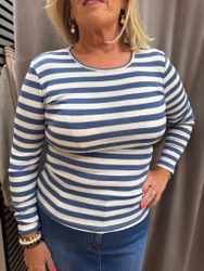 Randig ribbad topp med lång ärm blå/offwhite